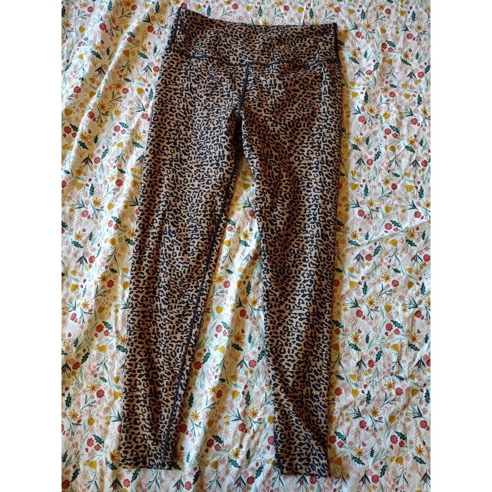 Kyodan Womens Medium Leopard Print High Waisted Activewear Leggings Tan Black